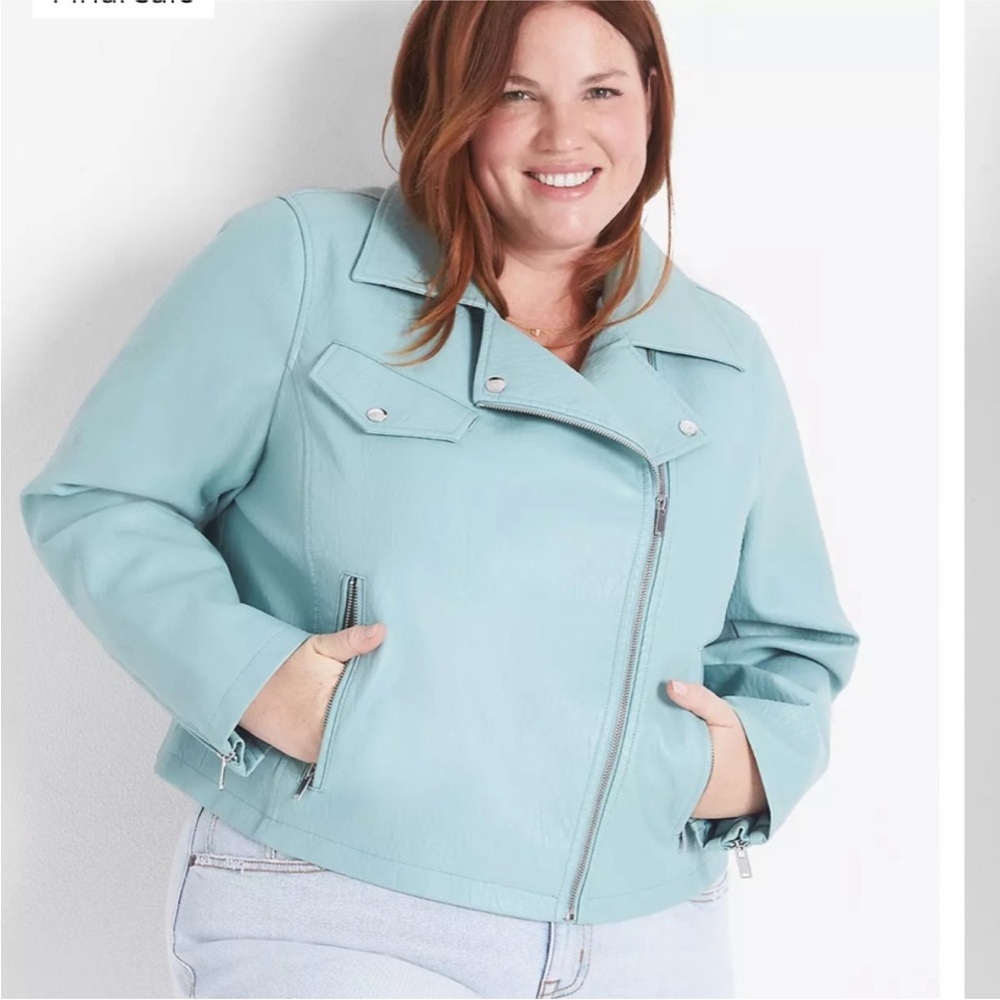 Lane Bryant Faux Leather Aqua Zip‎ Front Moto Jacket